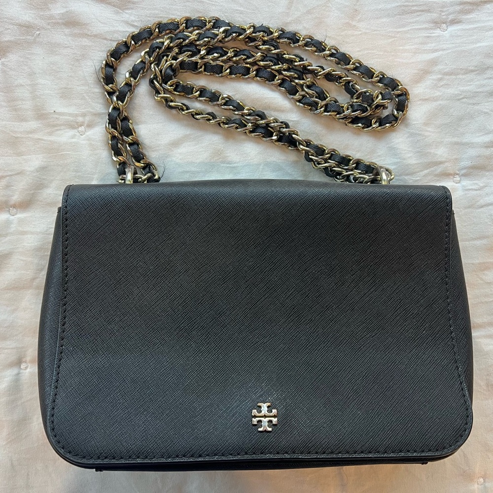 Tory Burch Black Leather Crossbody with Gold Chain